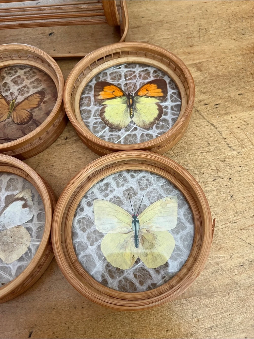 Vintage 1960s Retro Bamboo Butterfly Coaster Set six
